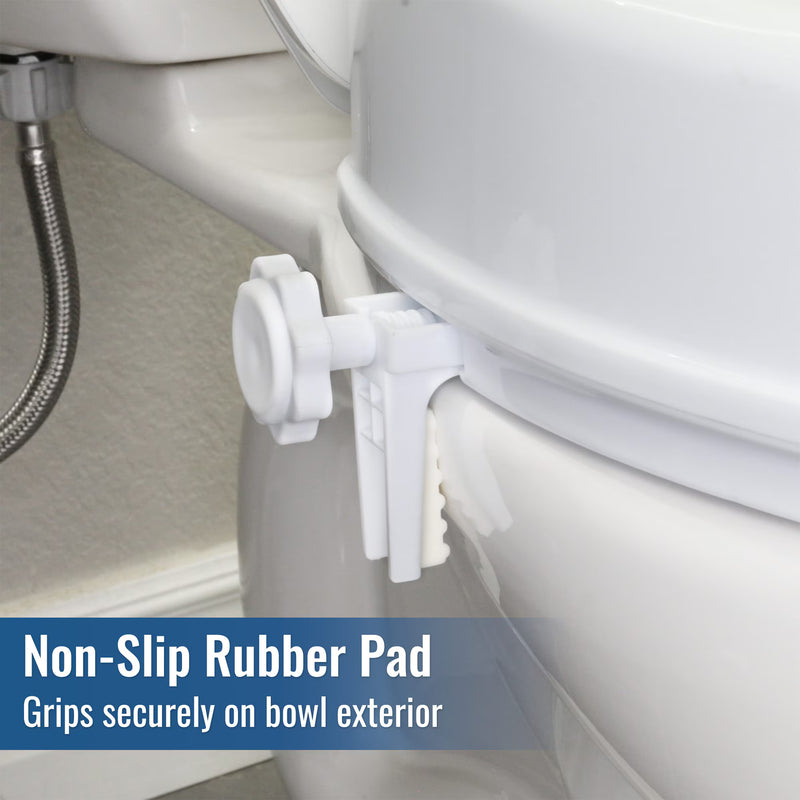 Non-slip rubber pad on a toilet bowl with text indicating its function.