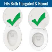A white toilet seat cover shown twice side by side on a white background, each with a green checkmark over the lid. A blue banner at the top reads 'Fits Both Elongated & Round'.
