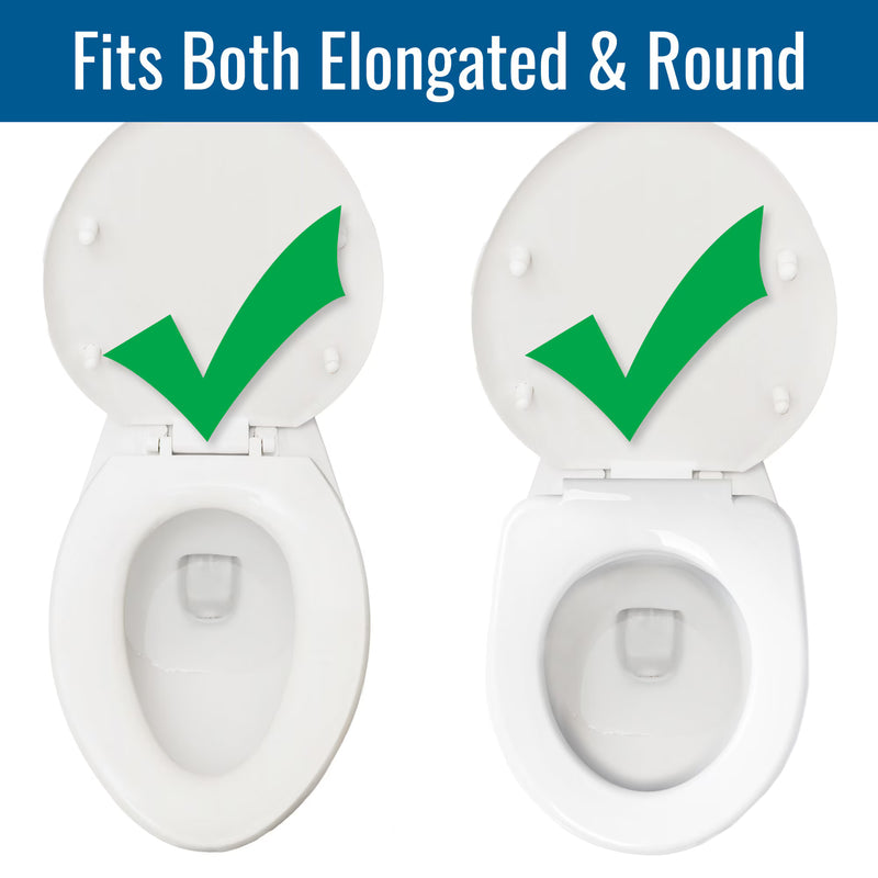A white toilet seat cover shown twice side by side on a white background, each with a green checkmark over the lid. A blue banner at the top reads 'Fits Both Elongated & Round'.