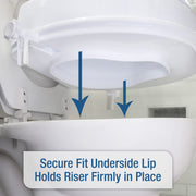 Toilet seat riser with text indicating a secure fit on a toilet.