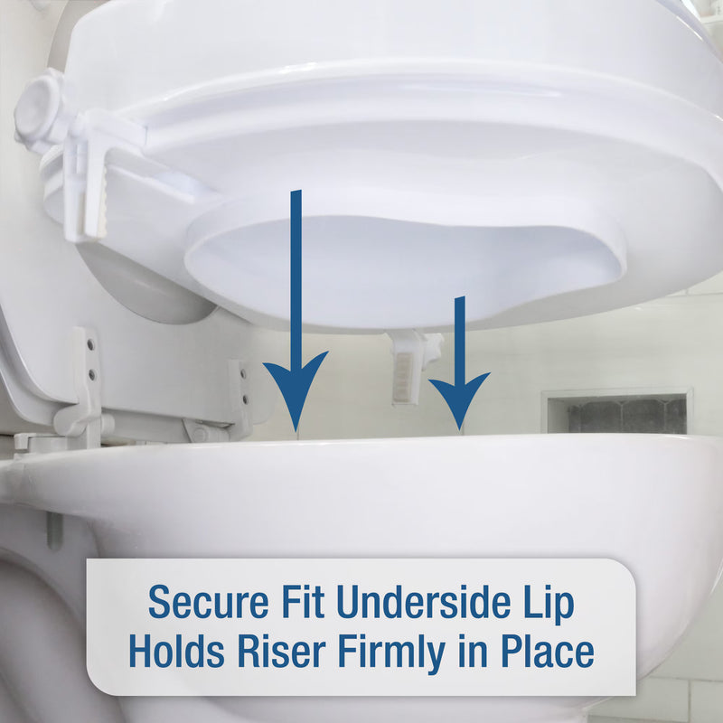 Toilet seat riser with text indicating a secure fit on a toilet.