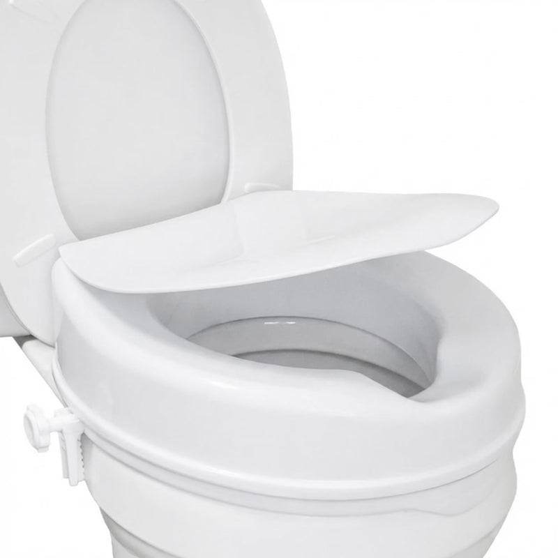 White toilet seat with a raised platform on a white background