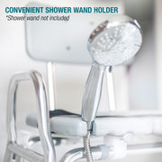 Shower head attached to a holder with text 'Convenient Shower Wand Holder' and '*Shower wand not included'.