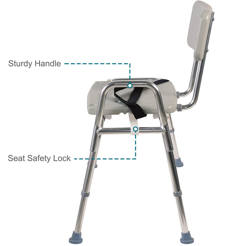 Bath chair with labeled sturdy handle and seat safety lock on a white background