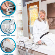 Woman in a bathroom with a shower chair, highlighting seat safety lock, shower wand holder, and perineal cutout features.