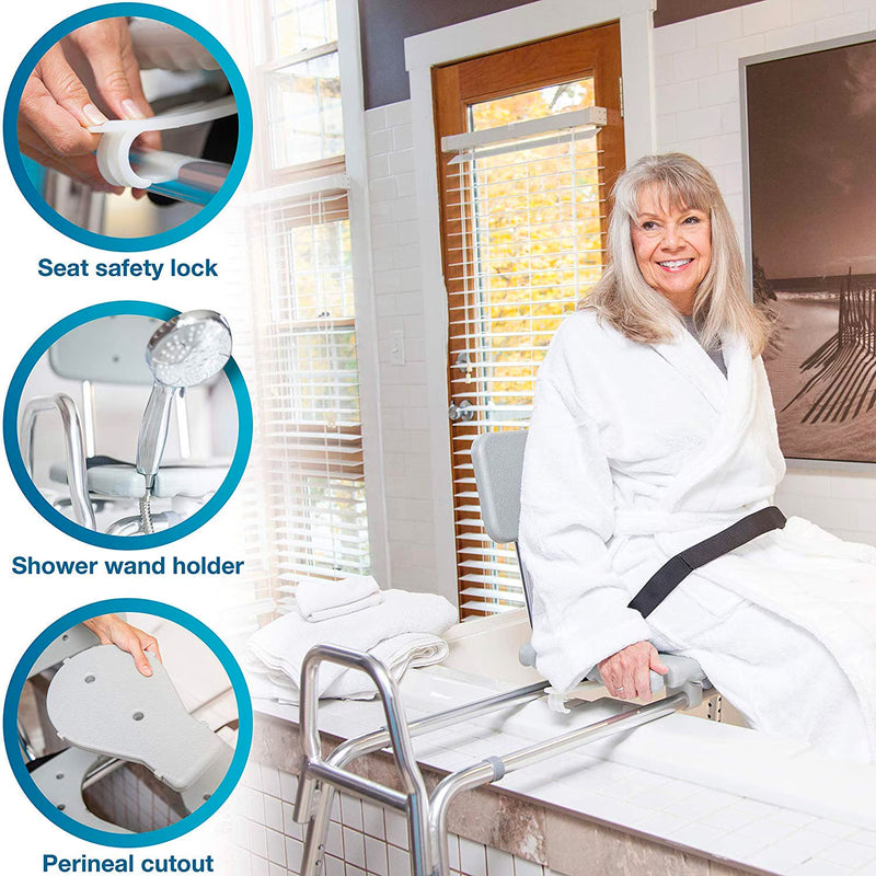 Woman in a bathroom with a shower chair, highlighting seat safety lock, shower wand holder, and perineal cutout features.