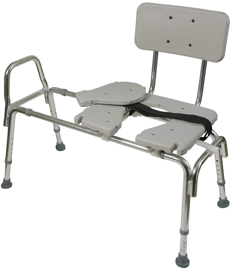 A silver metal and light gray plastic transfer or shower bench with a backrest, armrests, leg supports, and a black safety strap, shown on a plain white background.