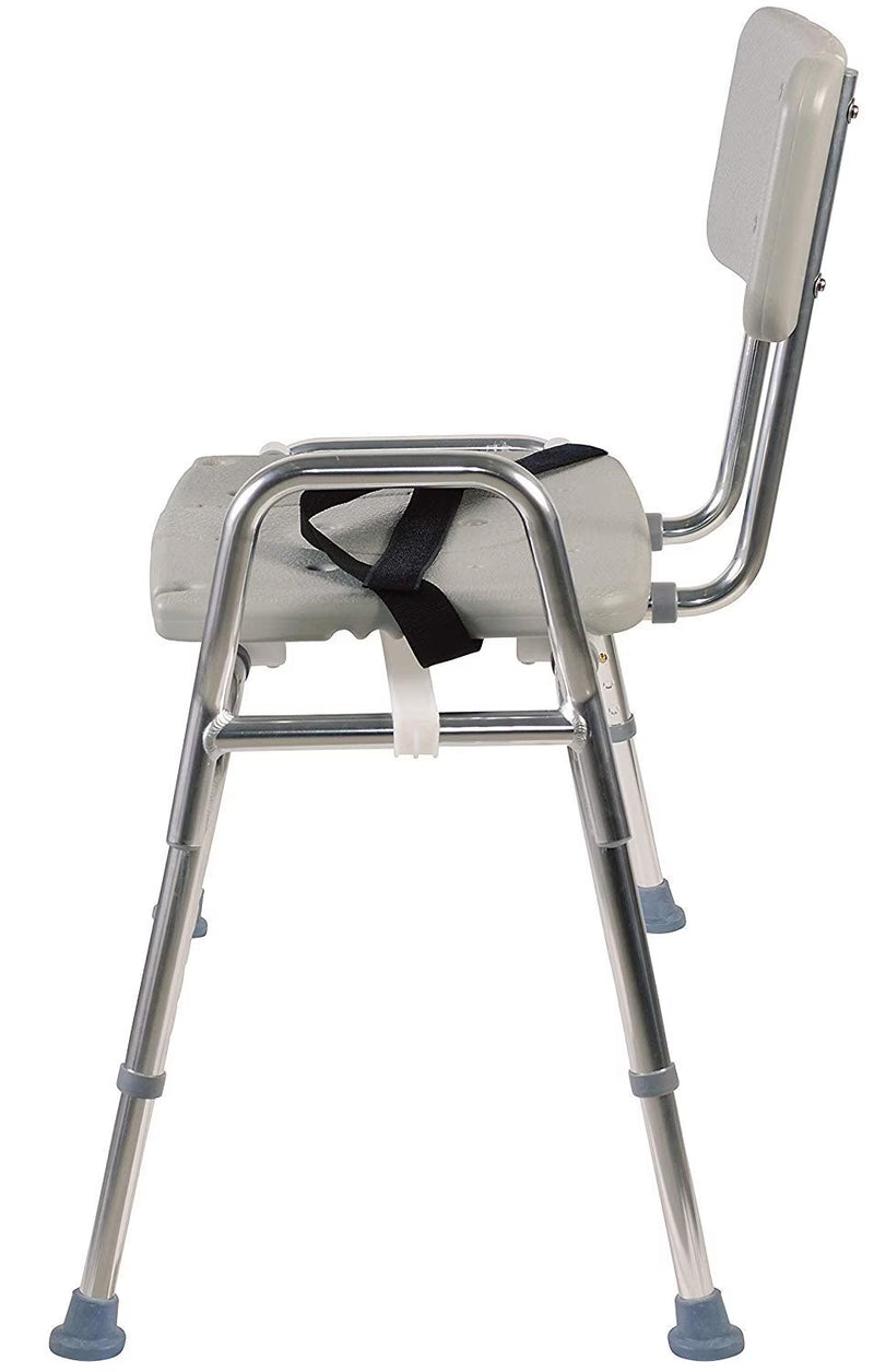 A silver metal transfer chair with a light gray padded seat and backrest, featuring a black safety harness strap and blue rubber feet, shown against a plain white background.
