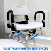 White and black bathtub shower chair with adjustable silver metal legs, shown in a bathroom setting with blue arrows indicating leg width adjustability.