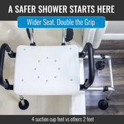 White shower seat with black arms and suction cup feet on a bathroom floor, with text about safety and features.