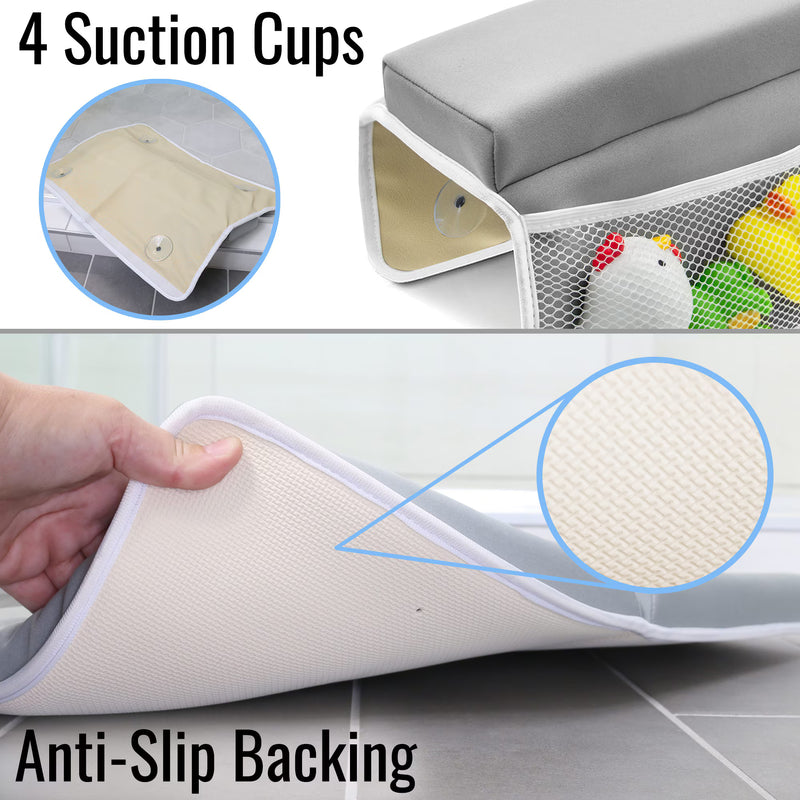 A bathtub safety seat with a gray cushion and white mesh side pocket holding colorful bath toys, shown on a white background with feature callouts: '4 Suction Cups' and 'Anti-Slip Backing.' A hand lifts the seat edge in the lower panel to show the textured anti-slip backing.