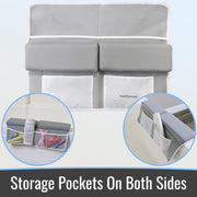 Gray crib with storage pockets on both sides, featuring the HealthSmart brand.