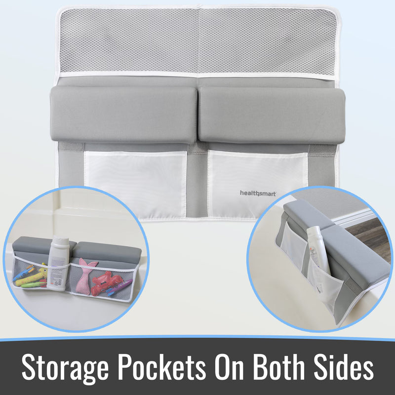 Gray crib with storage pockets on both sides, featuring the HealthSmart brand.