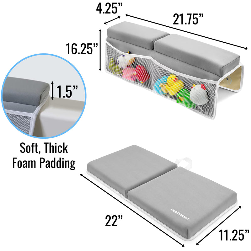 Gray bath seat with foam padding and toy storage, showing dimensions and softness details.