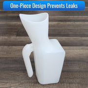 A white plastic one-piece pitcher with a wide pouring spout and integrated handle, shown on a dark wood background with a blue text banner at the top.