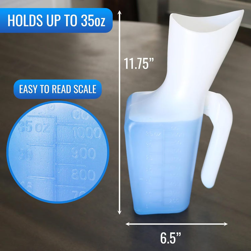 Blue measuring cup with white handle on a dark surface, showing measurement details.
