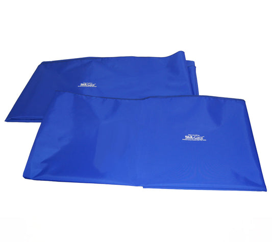 Two blue transfer sheets with a brand logo on a white background