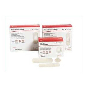 Boxed medical adhesive bandages on a white background