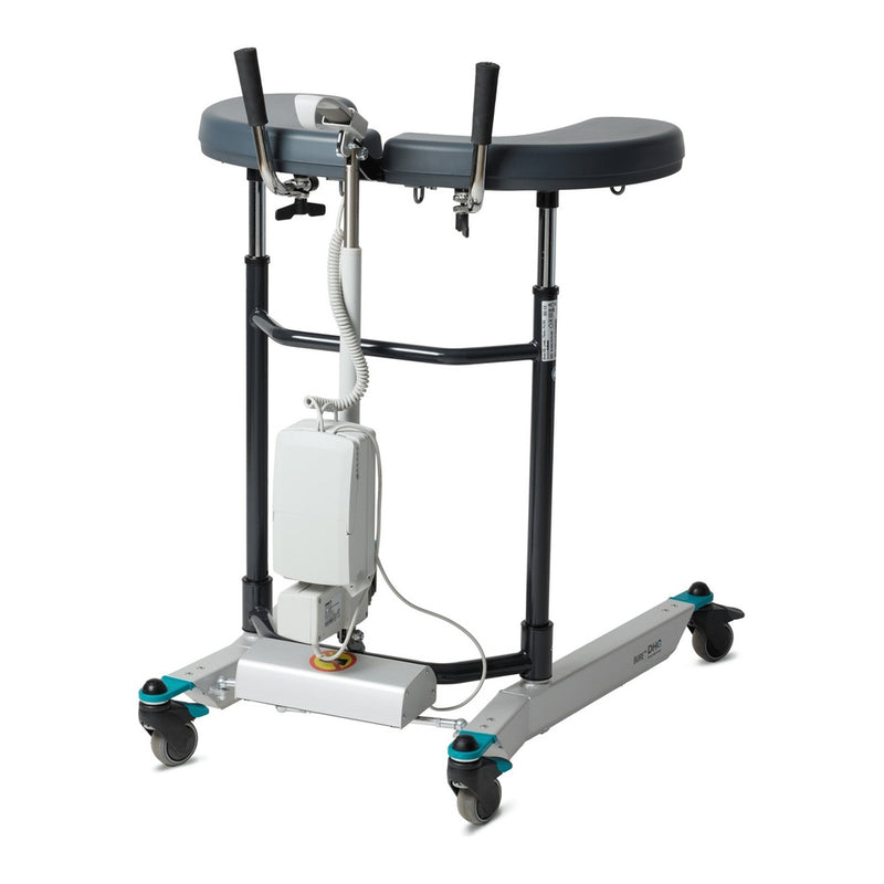 A medical standing and transfer frame with a dark gray padded seat, black support frame, silver base, and teal accents on the wheels and joints, shown on a plain white background.