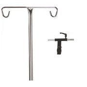 A stainless steel IV pole with two hanging hooks on the top bar, shown alongside a black clamp attachment on a plain white background.