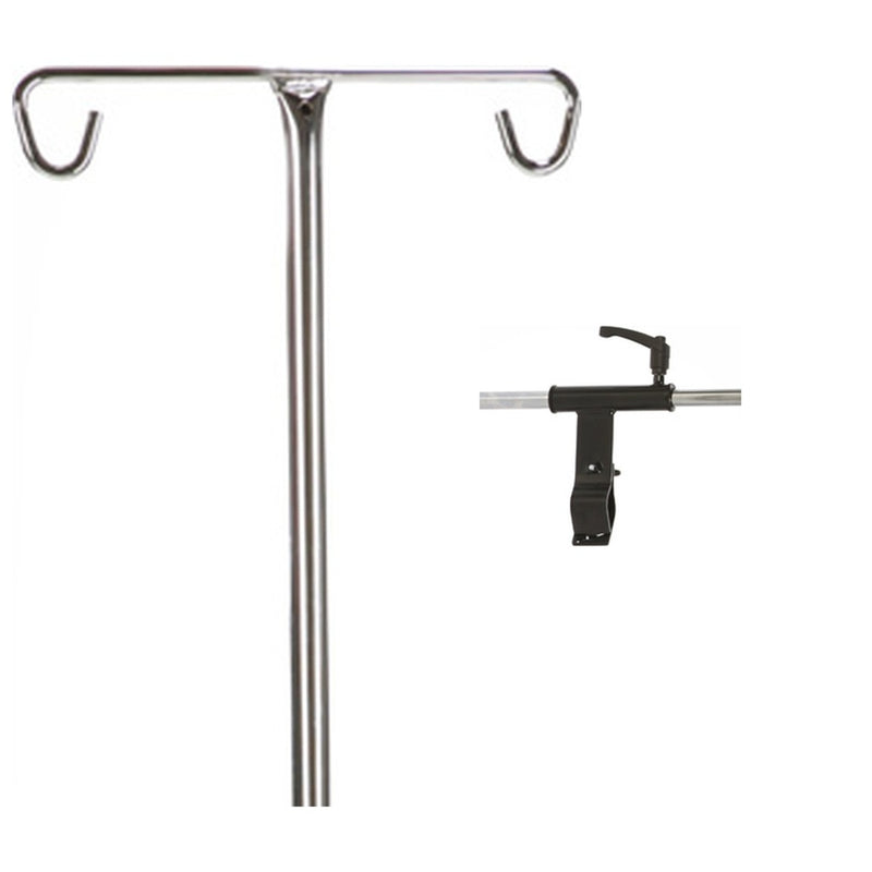 A stainless steel IV pole with two hanging hooks on the top bar, shown alongside a black clamp attachment on a plain white background.