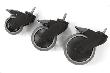 Three black caster wheels with gray wheels and silver metal axles, arranged diagonally on a white background.