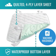 Quilted, 4-ply layer sheet with waterproof bottom layer on a white background