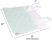 A folded light mint green and white quilted pad with white handles, shown with dimension lines and text indicating measurements: 28 inches, 36 inches when unfolded, and a 5-inch width.