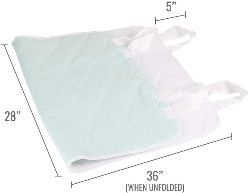 A folded light mint green and white quilted pad with white handles, shown with dimension lines and text indicating measurements: 28 inches, 36 inches when unfolded, and a 5-inch width.