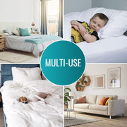 Collage of a bedroom with bedding, a child sleeping, and a living room with a couch.