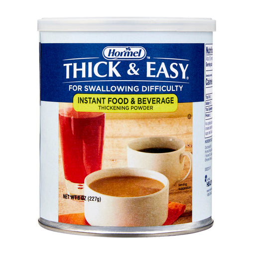 Can of Hormel Thick & Easy thickening powder with images of drinks on a white background