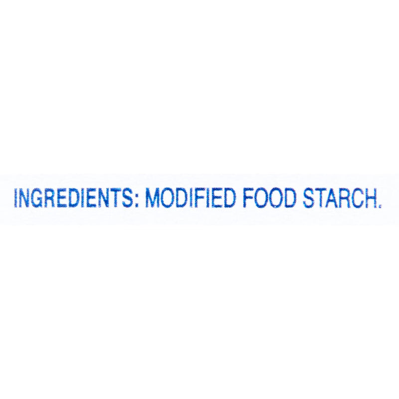 Blue text reading 'INGREDIENTS: MODIFIED FOOD STARCH.' on a white rectangular label against a white background.