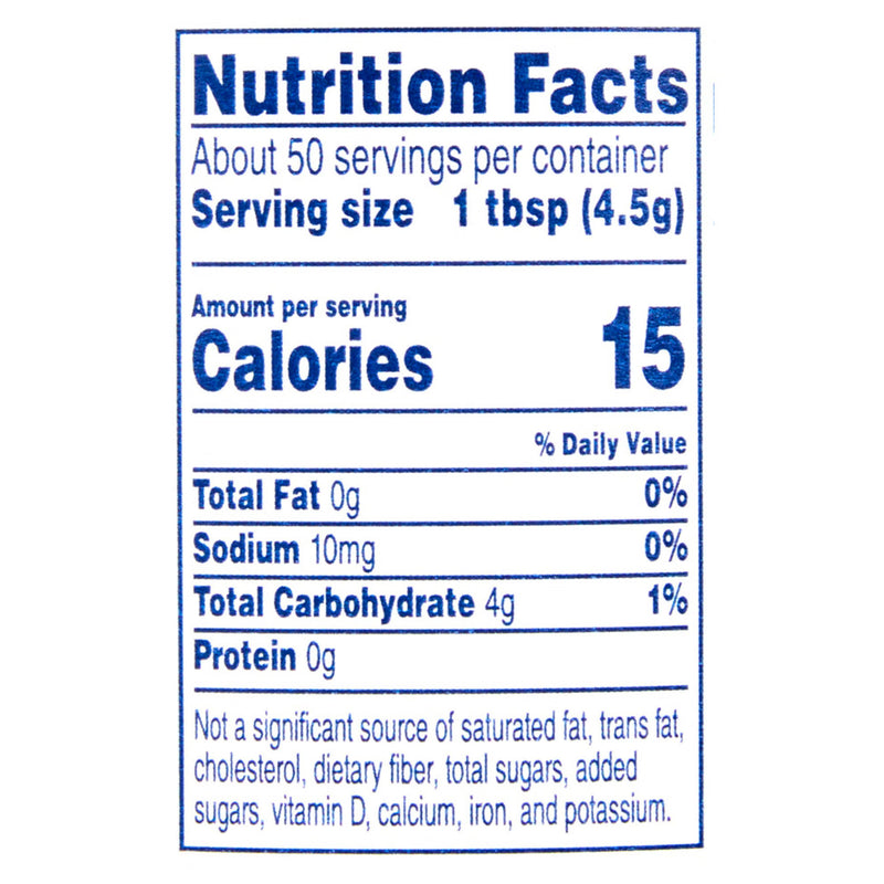 A Nutrition Facts label on a white background, showing blue text with serving size 1 tbsp (4.5g) and 15 calories per serving.