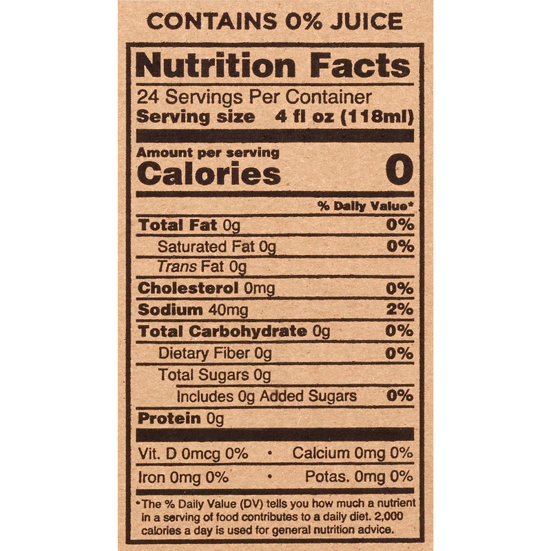 Nutrition facts label with 0% juice content on a white background
