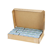 Open cardboard box filled with multiple packages on a white background