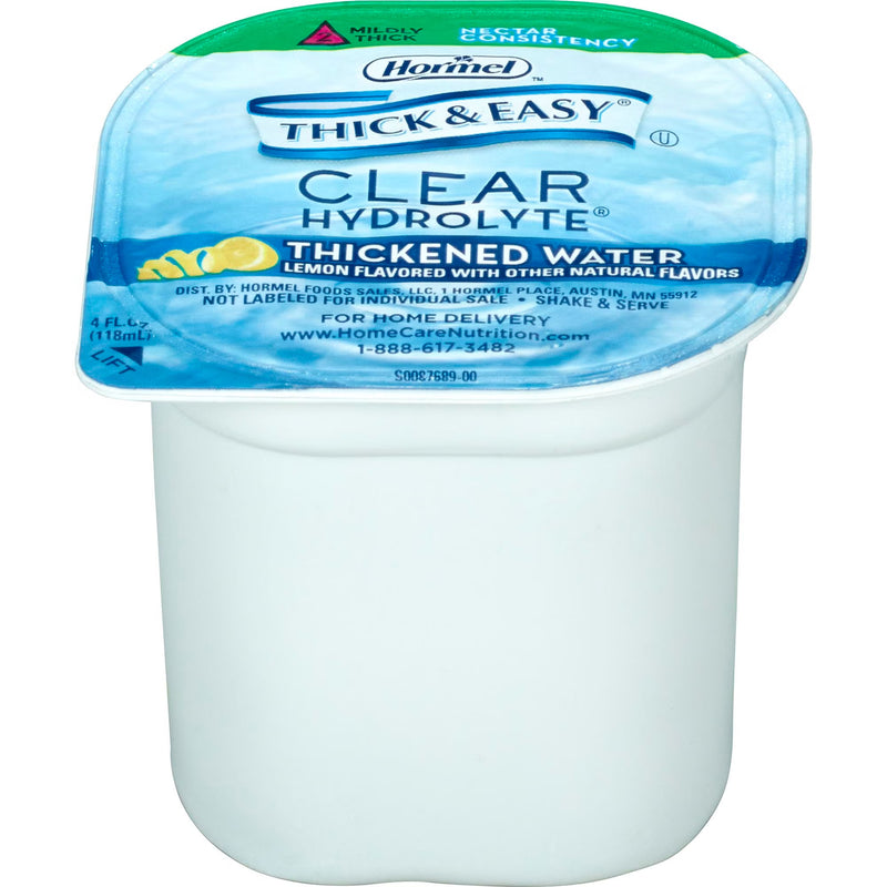 A 3 fl oz (111 mL) cup of Hormel Thick & Easy Clear Hydrolyte Thickened Water, lemon-flavored, with a blue and white label and a green top seal, shown on a white background.