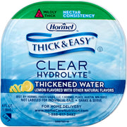 A single round package of Hormel Thick & Easy Clear Hydrolyte thickened water, lemon flavored, with a blue and white label and green top band on a plain white background.