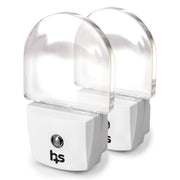 Two white solar window night lights with clear domed lenses, shown overlapping on a white background. The front light features a black 'hs' logo and a silver switch.