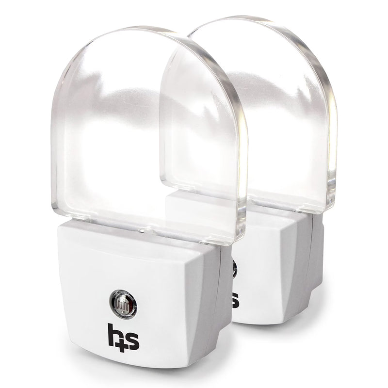 Two white solar window night lights with clear domed lenses, shown overlapping on a white background. The front light features a black 'hs' logo and a silver switch.
