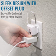 A hand inserts a white offset USB charger plug into a wall outlet while another charger is plugged in above it. Blue text at the top reads 'SLEEK DESIGN WITH OFFSET PLUG' and smaller text says 'Leaves the 2nd outlet free for other devices.