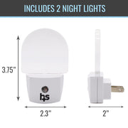 White plug-in night light shown from front and side views with dimension arrows and text reading 'INCLUDES 2 NIGHT LIGHTS' and measurements 3.75 inches tall by 2.
