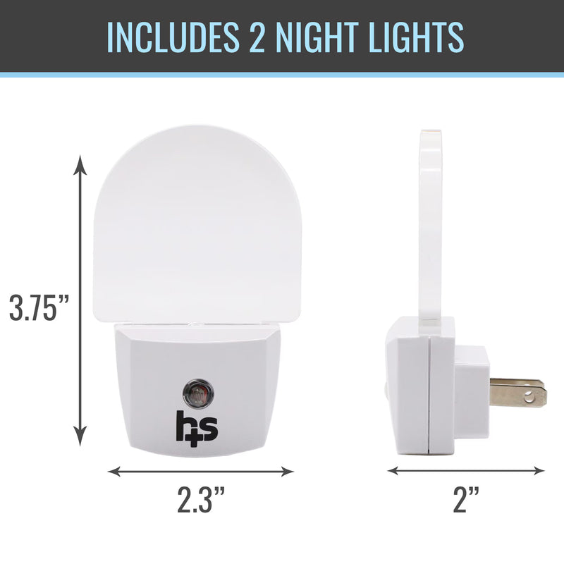 White plug-in night light shown from front and side views with dimension arrows and text reading 'INCLUDES 2 NIGHT LIGHTS' and measurements 3.75 inches tall by 2.