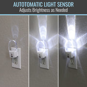 Automatic light sensor night light on a wall with text indicating it adjusts brightness.