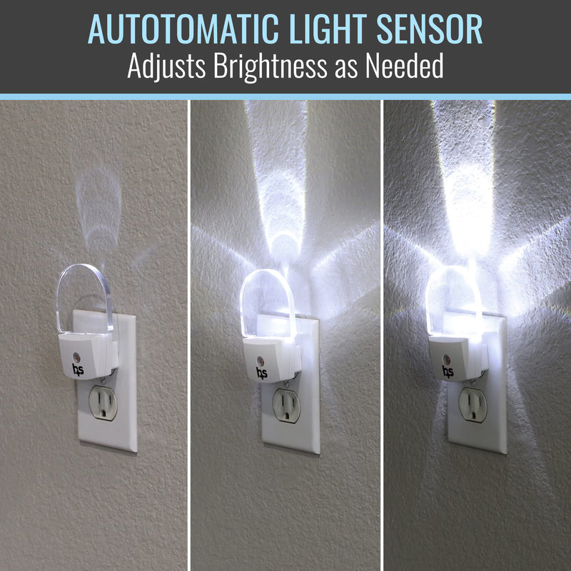 Automatic light sensor night light on a wall with text indicating it adjusts brightness.