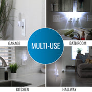 A collage showing a white multi-use plug-in light kit in four real-world locations: garage, bathroom, kitchen, and hallway, with a large blue circle in the center reading 'MULTI-USE'.