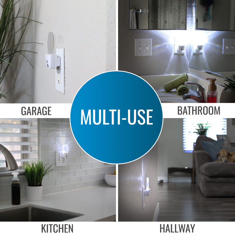 A collage showing a white multi-use plug-in light kit in four real-world locations: garage, bathroom, kitchen, and hallway, with a large blue circle in the center reading 'MULTI-USE'.