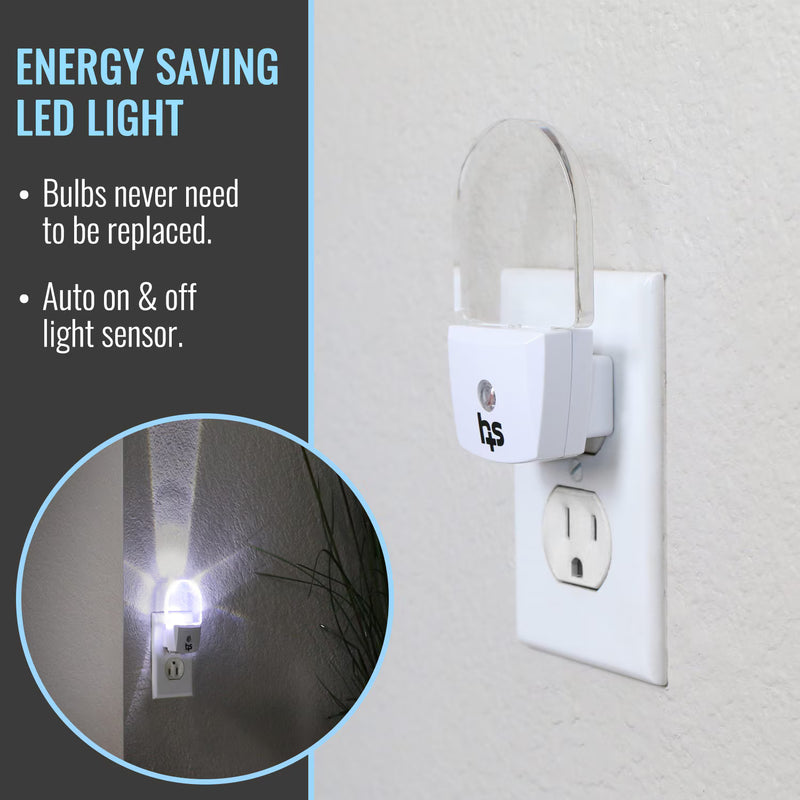 A white TP-Link smart plug night light with a clear dome, shown plugged into a white wall outlet. The image includes a dark gray text panel on the left highlighting energy-saving features, and a circular inset showing the light glowing on a wall.