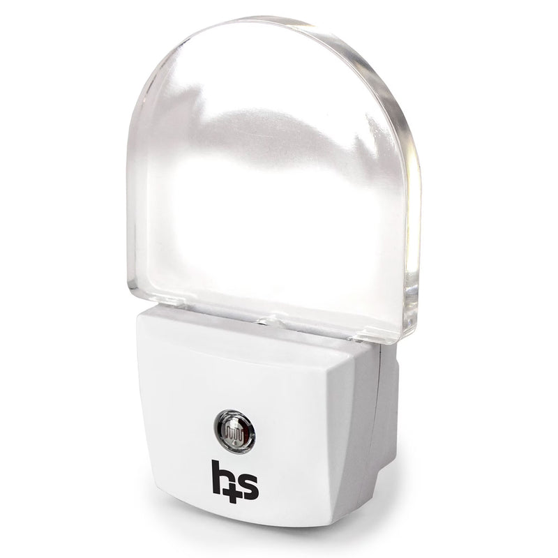 A white and clear plastic night light with a dome-shaped transparent cover and a black 'hs' logo on the front, shown on a white background.