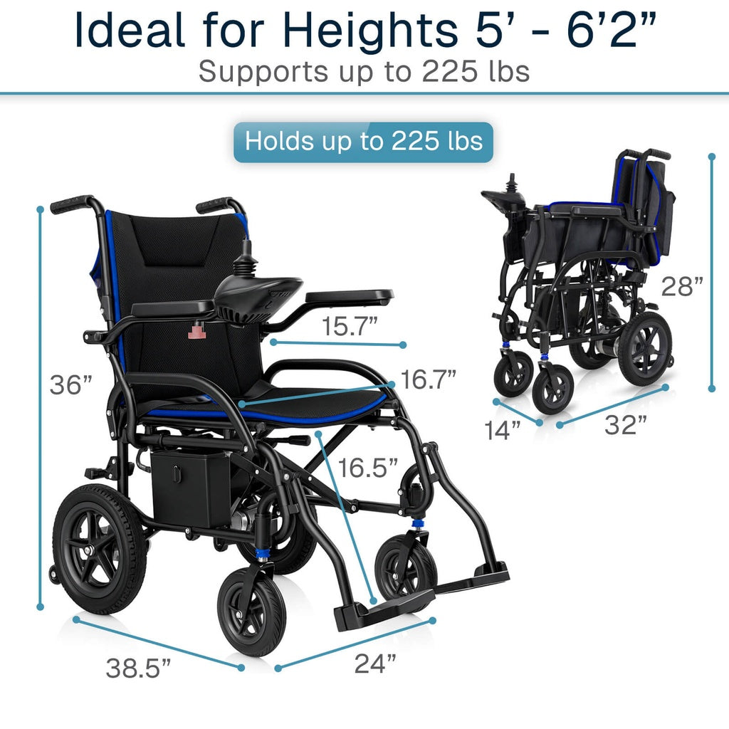 Measurement chart of a wheelchair with dimensions labeled on a white background
