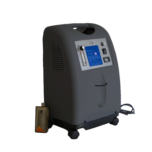 Gray oxygen concentrator with wheels on a white background
